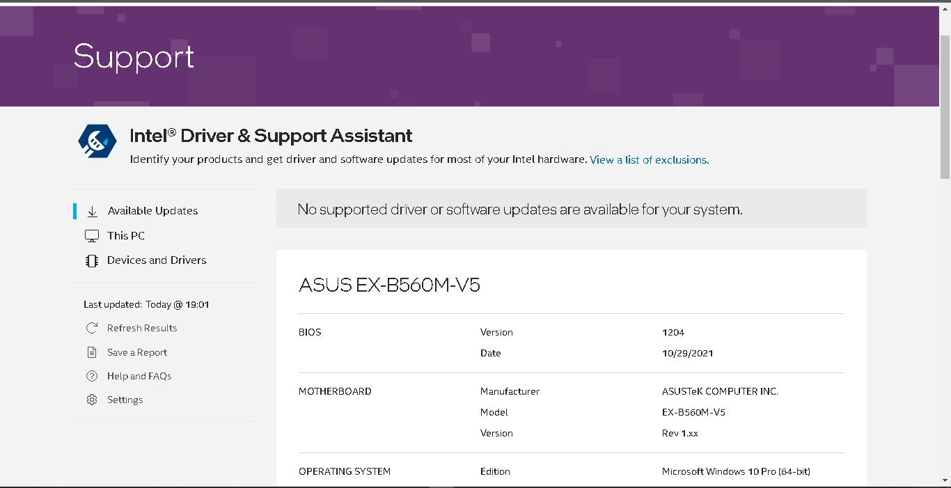 No supported driver or software updates are available for your system Intel Community