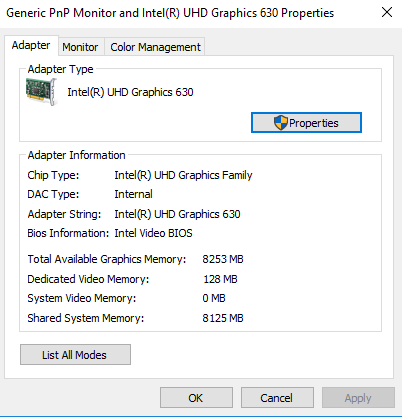 dedicated video memory 128?? Intel UHD Graphics 630 - Intel Communities