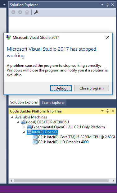 Code-Builder for OpenCL crashes Visual Studio - Intel Community