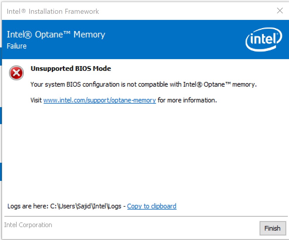 Unsupported request. Intel Optane Memory service. Unsupported characters. Attempted to install on an unsupported platform Intel XTU.