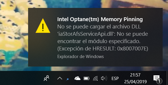 Mensaje de error: intel optane(tm) memory pinning no se puede cargar el archivo  dll "iastorafsserviceapi.dll". No se puede encontrar el módulo especif... -  Intel Communities