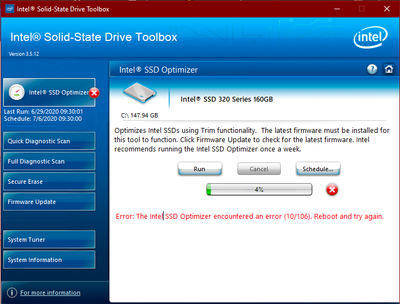 Solved: TRIM: Error: The Intel SSD Optimizer encountered an error (10/106).  Reboot and try again. - Intel Communities