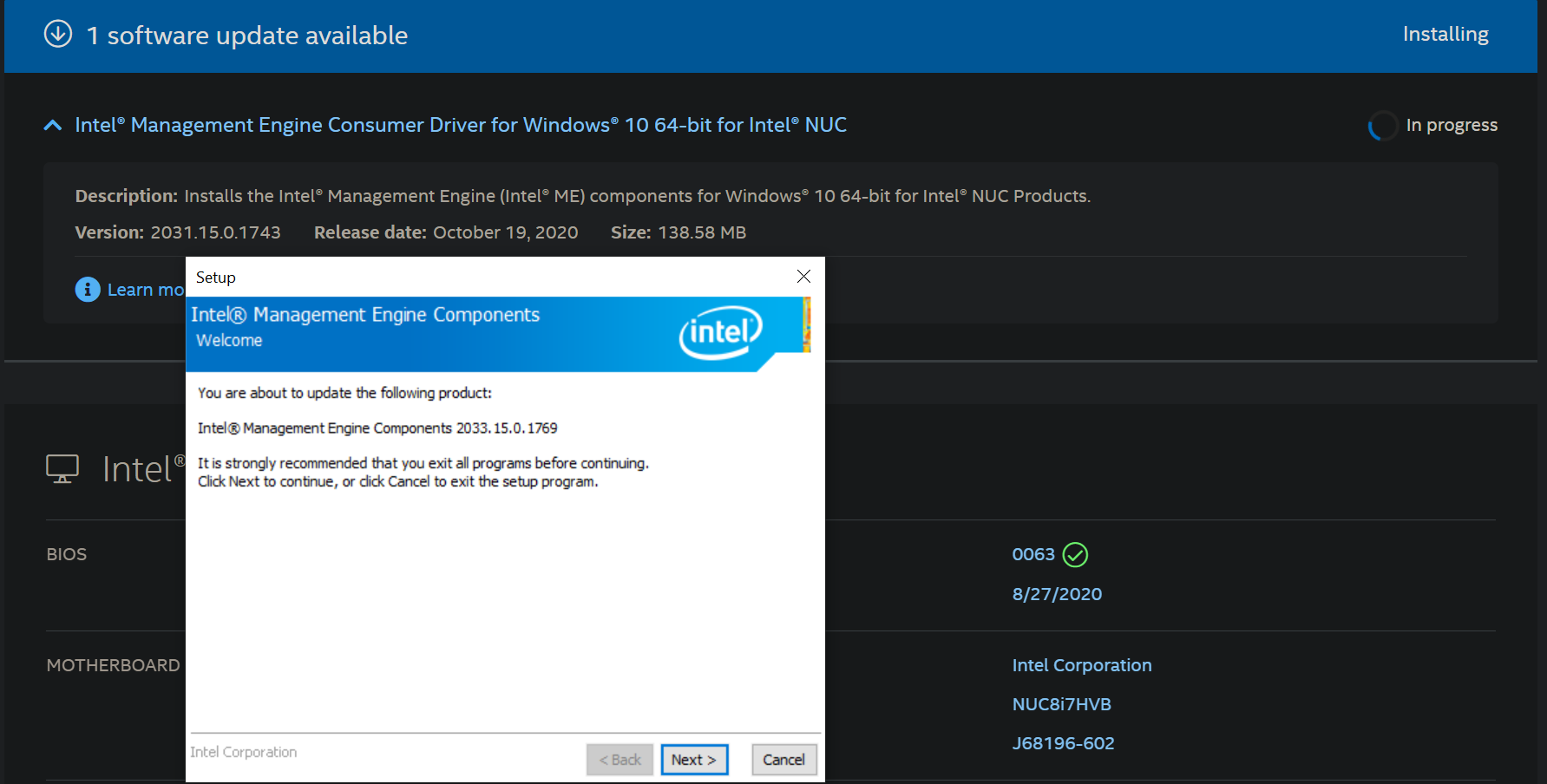 Solved: Intel Management Engine Fails Install on NUC8i7HVK - Intel  Communities