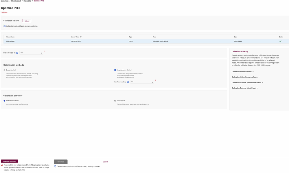 Error message showing Type of calibration dataset and option to Optimize being unable