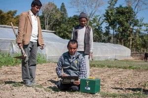 An entrepreneur in the Surkhet District of Nepal tests soil using the mrittikā app to find a fertilizer recommendation.