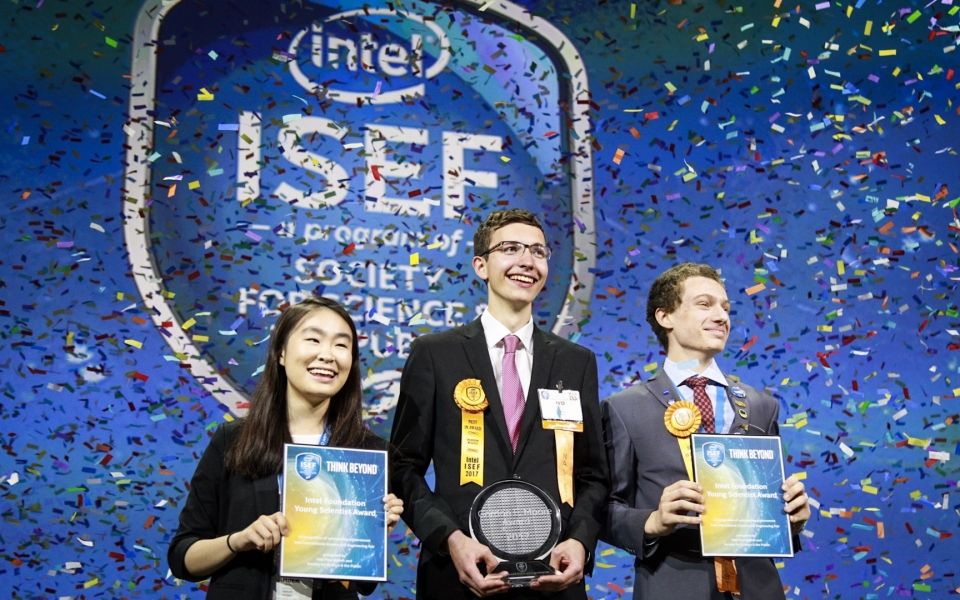 The famous "confetti drop" on Ivo Zell (center), who received the Gordon E. Moore Award, Amber Yang (left) and Valerio Pagliarino (right) who each received an Intel Foundation Young Scientist Award.