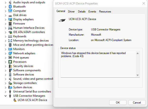 USB Connector Managers>UCM-UCSI ACPI Device error 43 in NUC11PAHi7 and USB-C  doesn't work - Intel Communities