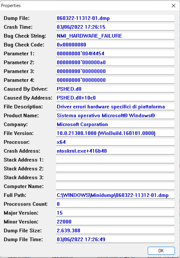 NMI_HARDWARE_FAILURE ntoskrnl.exe+416b40 / 0x80_4F4454_GenuineIntel