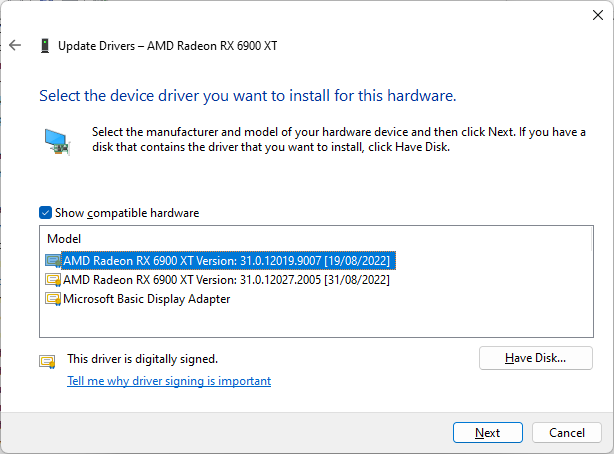 Example of using Update Driver to select a different version