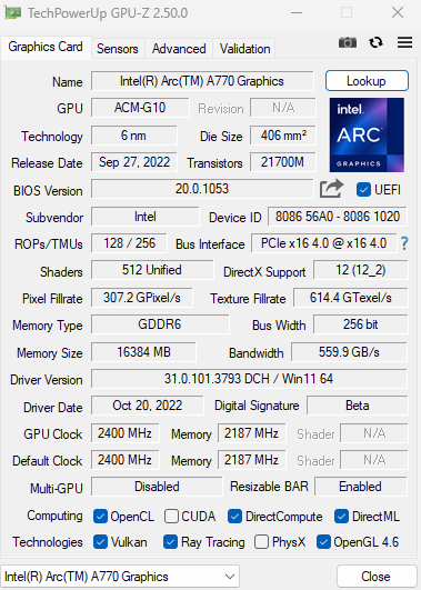 Arc A770 16GB LE only showing 16 Gbps memory speeds? - Intel