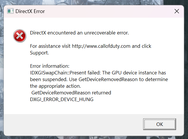 Call of Duty WW2 IDXGISwapChain: DXGI_ERROR_DEVICE_HUNG - Intel Community