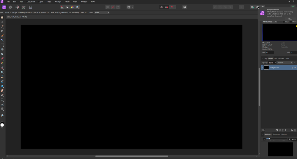 This is what it looks like trying to export from DXO to Affinity Photo 2 using the GPU, all the data is missing. Since the Software does not recognize the GPU.
