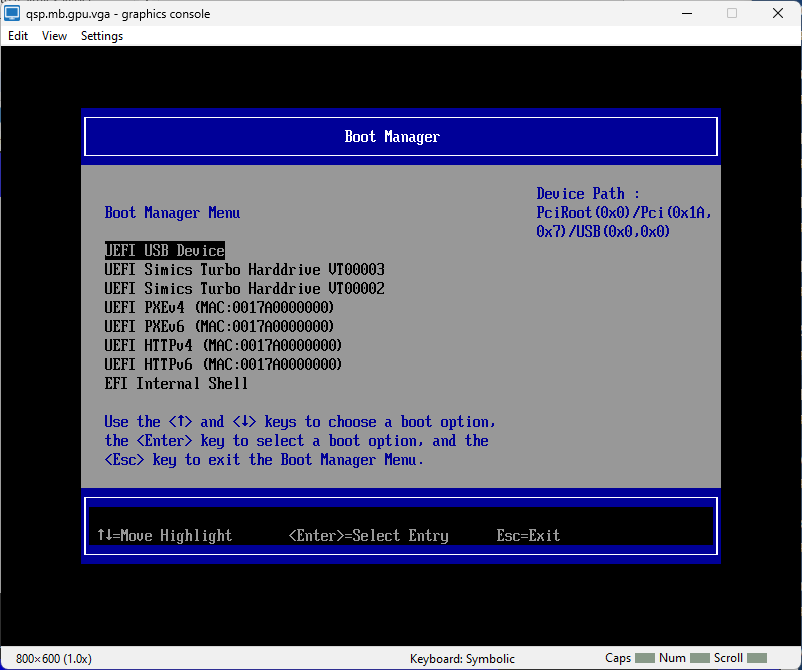 Example UEFI boot device selection screen, from the default UEFI on the Intel Simics Quick-Start Platform.