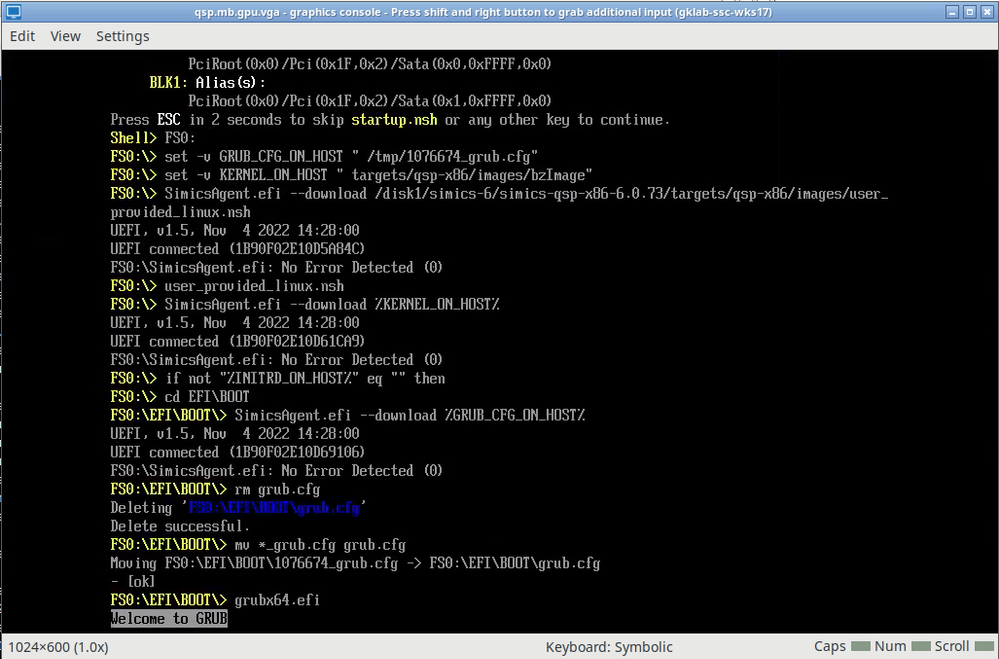 Screenshot from the graphics console showing the EFI scripting used for the Linux kernel boot. Note that the “download” operations using the simicsagent.efi program mean retrieving a file from the host and copying it into the target file system.