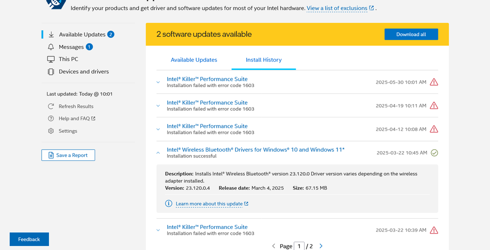 Intel Killer error messages.