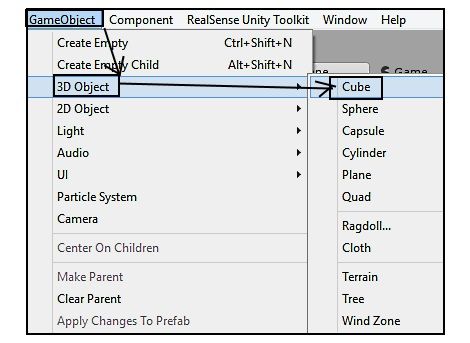 232 STEP 4 Return to Unity and create a basic Cube type object.  Then go to the 'Component' menu at the top of the Unity window.jpg