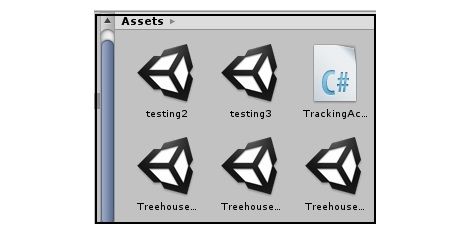 240 The 'TrackingAction2' C# script file will now be inside your cube and also listed as a file in the Assets folder's root directory in Unity's bottom 'Assets' panel..jpg